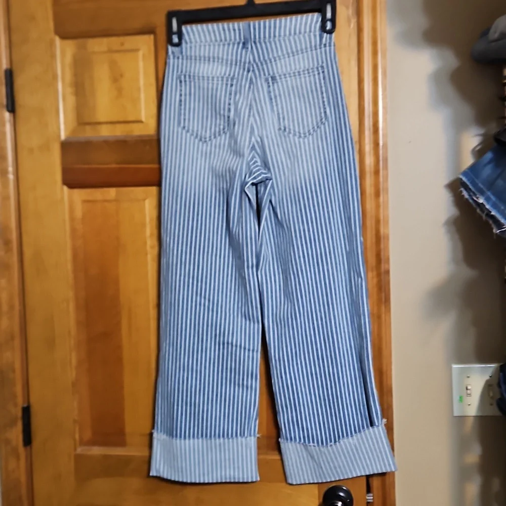 Aqua Striped Cuffed Dad Blue Striped High Waisted Denim Jeans - Picture 7 of 13
